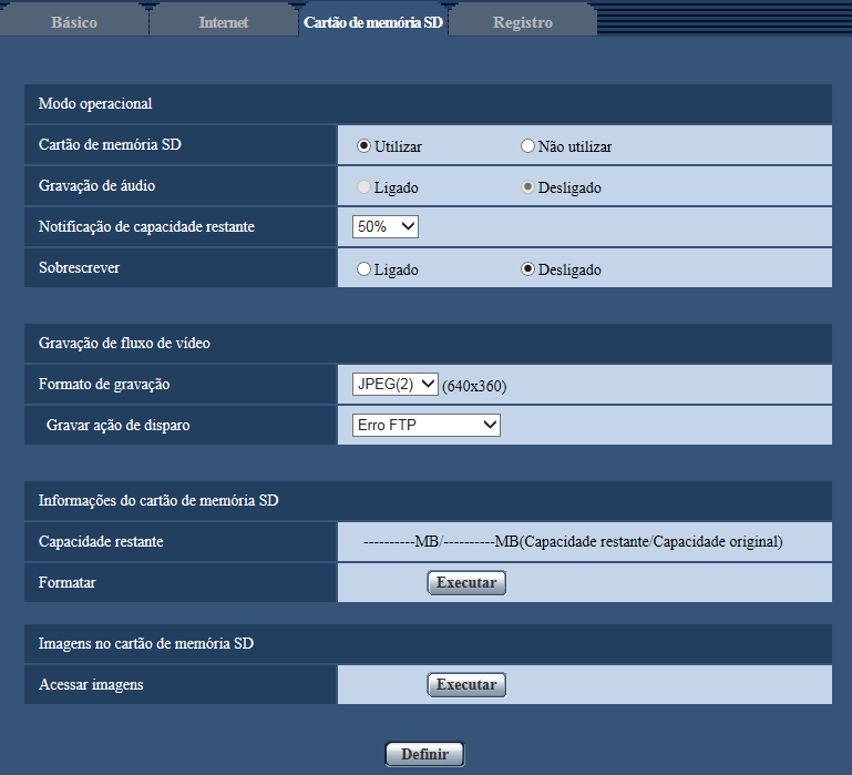 10 Configuração dos ajustes básicos da câmera [Básico] 10.3 Ajuste da configuração relativa ao cartão de memória SD [Cartão de memória SD] Clique na guia [Cartão de memória SD] na página Básico.