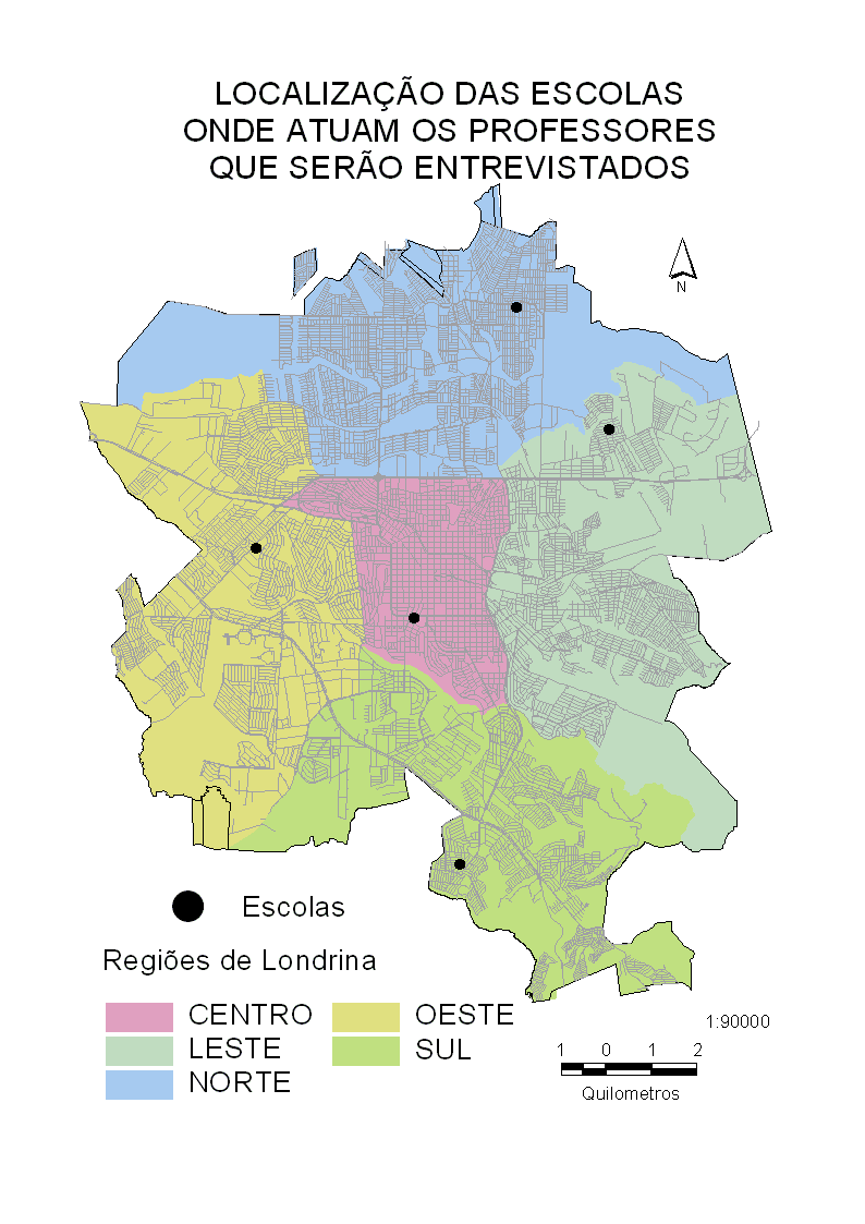 Mapa 1 Cidade de Londrina com localização das escolas onde atuam os professores que serão entrevistados Fonte: Instituto de Pesquisa
