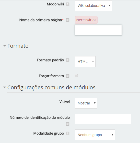 A configuração Modo Wiki, modificará o formato da atividade em que o estudante irá realizar, pois em vez de criar um texto colaborativo com os todos os participantes do curso (papel de usuário =