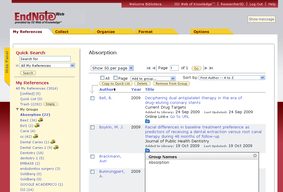 11 3 USANDO O ENDNOTE WEB O EndNote Web possui uma série de opções em sua interface; apresentamos a seguir algumas das principais. A imagem em azul indica em qual pasta a referência encontra-se salva.