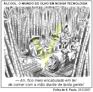 a) a charge contradiz o texto ao mostrar que o Brasil possui tecnologia avançada no setor agrícola.