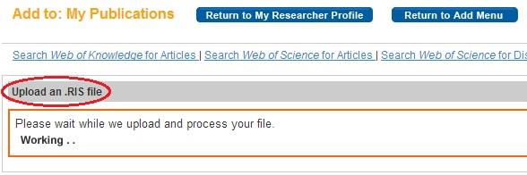 Como adicionar publicações no ResearcherID - Google Acadêmico (RIS) 3.4.6) Aguarde enquanto o programa faz o upload do arquivo. As referências aparecerão na sua lista de publicações do ResearcherID.