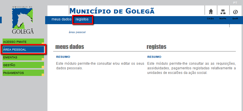 2.2 Área pessoal - registos Nesta área é permitido ao utilizador consultar assiduidades e requisições ao almoço do seu educando.