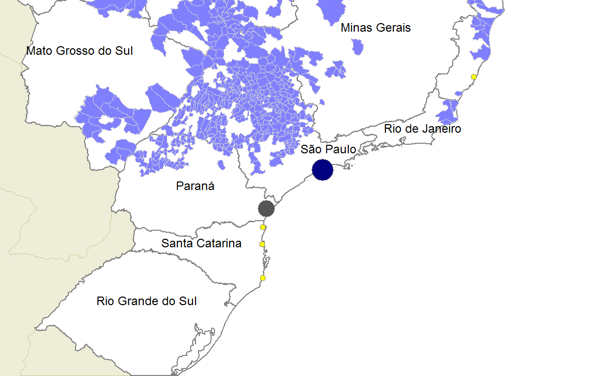 Como pode ser visto abaixo, as duas instalações portuárias encontram-se bem próximas das maiores zonas produtoras de cana-de-açúcar do país.