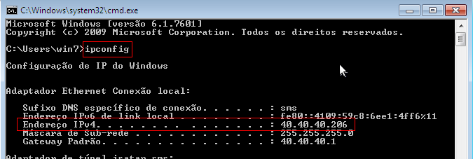 Digite o comando ipconfig no prompt de comando Agora que você sabe qual o endereço IP que vai fixar à placa, volte para Propriedades de Protocoloa TCP/IP Versão 4 (TCP/Ipv4) e marque a opção Usar o