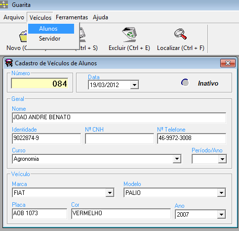 3 CADASTRO DE VEÍCULOS DE ALUNOS O cadastro de veículos de alunos é realizado através do menu VEÍCULOS -> ALUNOS. A Figura 7 mostra a tela com os campos do formulário.