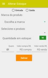 Alterar Estoque Esse é o módulo de alteração de estoque. Acompanhe: Em "Alterar Estoque" Selecione se é entrada ou saída de um produto. Selecione a Marca Selecione o produto Em quant.