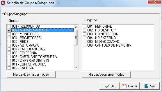 Quando o usuário acionar o botão de Grupos/Subgrupos o sistema abrirá a tela: E com isso, todos os grupos e subgrupos cadastrados no sistema estarão disponíveis para seleção.