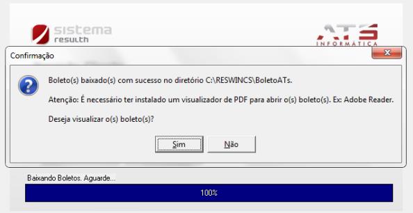 Após baixar o(s) boleto(s) será apresentada uma mensagem