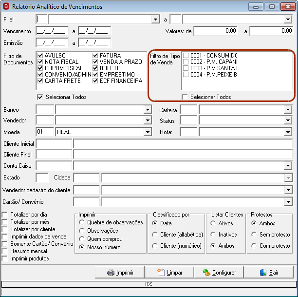 O usuário poderá selecionar todos os tipos de vendas de uma vez com o filtro Selecionar todos. O uso do filtro não é obrigatório, caso o usuário deseje, não é necessário filtrar por tipo de venda.