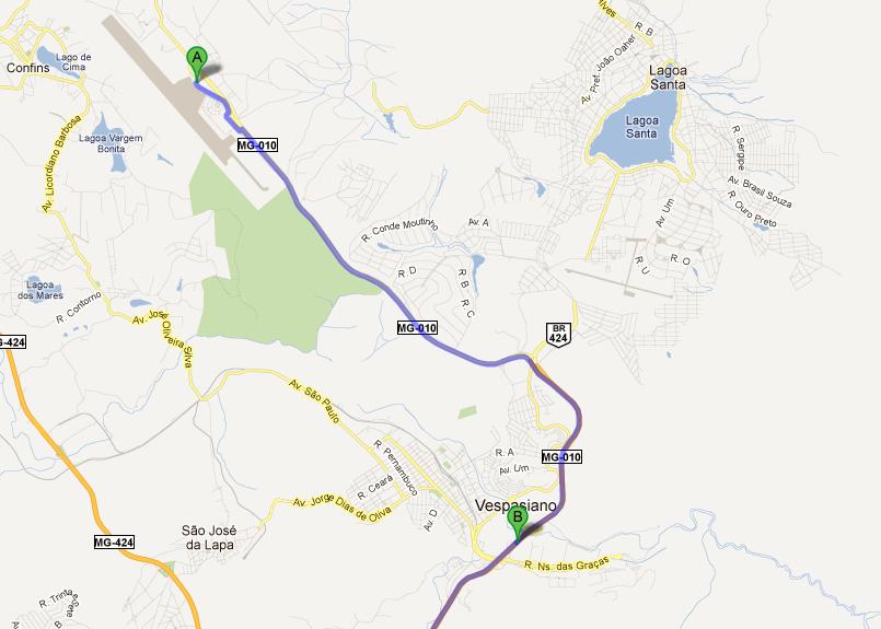 A Aeroporto de Confins B Cidade Vespasiano Outro ponto de referência está a 8,6km do ponto anterior, onde a MG 010