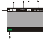 6.2 Tela em modo de gravação 1. Modo de gravação 2. Qualidade do vídeo; 3. Vídeo FPS 4. Resolução de vídeo 5. Tempo de gravação disponível 6. Nível de bateria. Nota: 1.