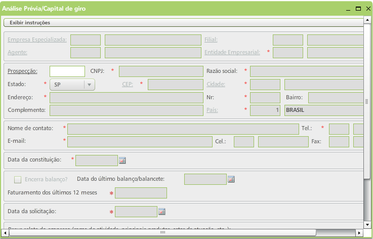 Para enviar os documentos pertinentes ao pedido de financiamento, como arquivos ou balanços, deve-se utilizar o botão Anexos, disponível no canto inferior da tela.