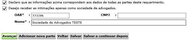 13 No exemplo acima, foi informada a OAB de uma Sociedade de Advogados que já existe no sistema (OAB/SC 70000/SC), logo o sistema puxou seu nome ( Ribeiro & Ribeiro Advocacia Criminal ).