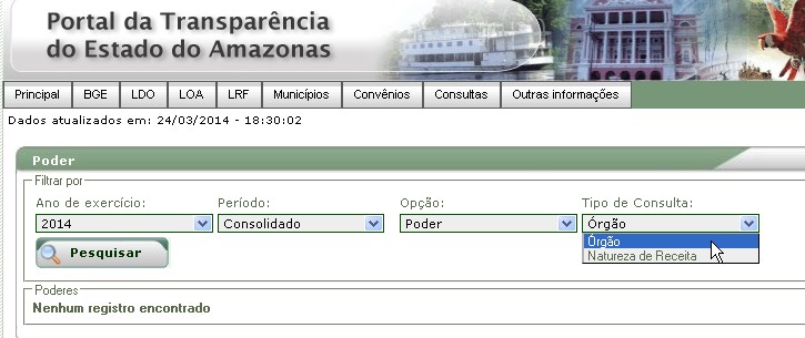 E por fim, o campo Tipos de Consulta, que permite a seleção da forma de exibição dos dados de receitas arrecadadas.