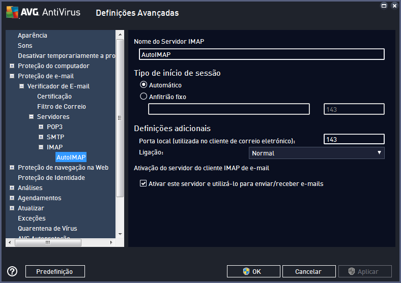 Nesta janela pode configurar um novo servidor do Verificador de E-mail utilizando o protocolo IMAP para