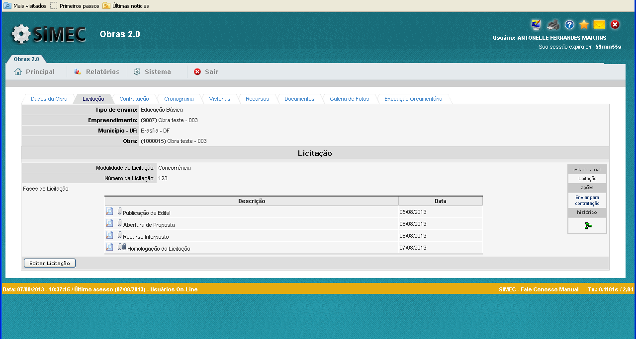 LICITAÇÃO 36 Workflow apresenta a situação da atual