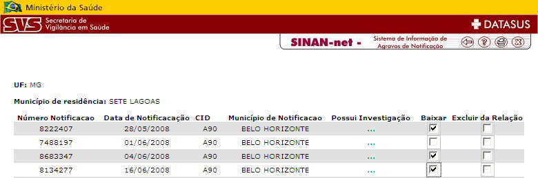 3.2.3.2 Baixar notificações a) Após consultar o relatório de conferência e definir quais as notificações que deverão ser baixadas, selecioná-las para download; IMPORTANTE Será possível baixar somente