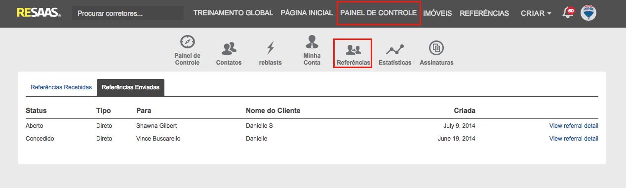 Na página do perﬁl do corretor, clique em Enviar uma Referência. Preencha o formulário com as informações da referência e envie o pedido de referência.