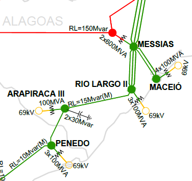 6.11 Atendimento a Alagoas A seguir é ilustrada a malha de transmissão de suprimento a Maceió, atendida pela SE Maceió. Figura 6.11-1 Malha de suprimento à Maceió 6.11.1 Carga Prevista durante o Carnaval 2015 - Cargas máximas previstas para o Carnaval 2015 Tabela 6.