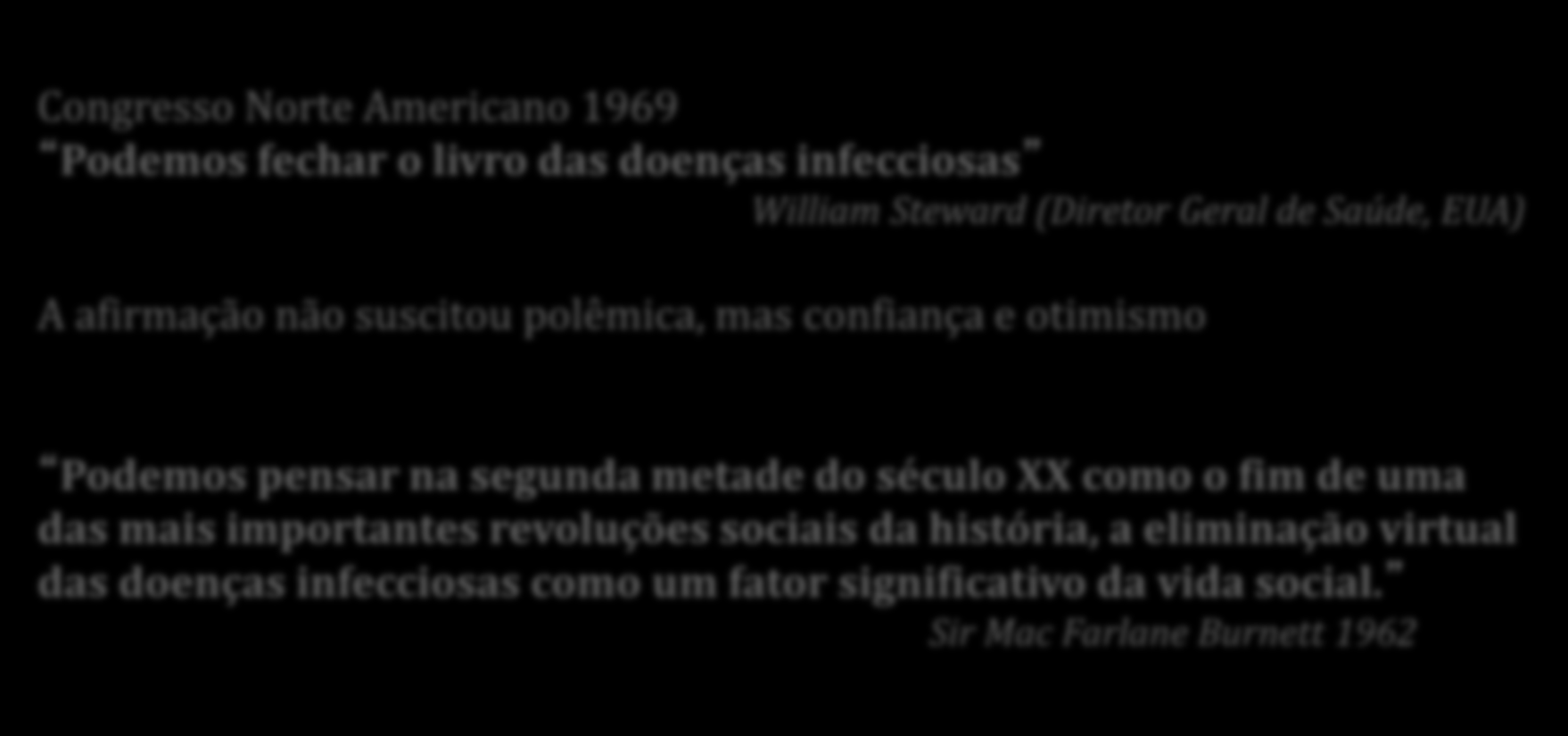 O fim das doenças infecciosas no mundo desenvolvido Congresso Norte Americano 1969 Podemos fechar o livro das doenças infecciosas William Steward (Diretor Geral de Saúde, EUA) A afirmação não