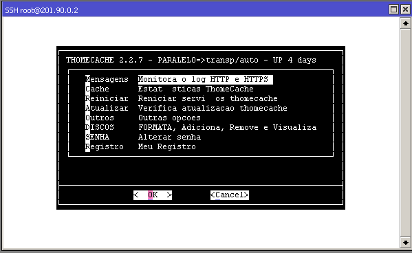 CONFIGURAÇÕES NO THOMECACHE 1º) ACESSE VIA SSH Mikrotik: Tolls > Telnet > SSH IP: 201.90.0.2 User: root pass: 123 A partir 2.5.