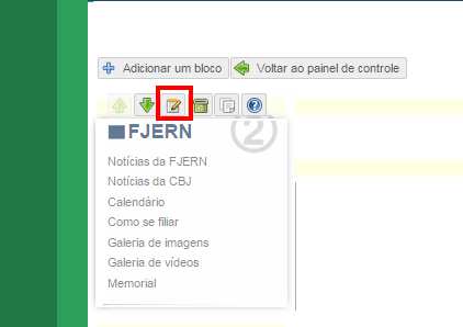 Capítulo 3. Editando o Portal 35 3. Você será redirecionado ao menu de edição dos blocos laterais. Note que na lateral esquerda aparecera os menus a serem editados. Passe o mouse sobre um dos menus.