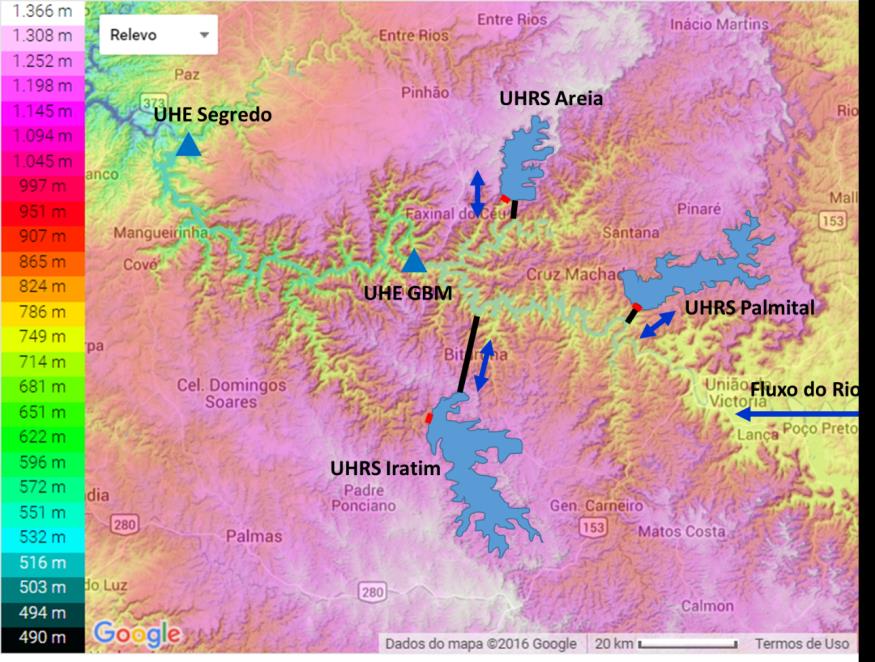 3. RESULTADOS Dada a geologia montanhosa em torno da UHE GBM, vários locais diferentes podem ser utilizados para construir uma UHRS usando a UHE GBM como o reservatório inferior.