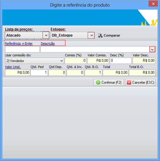 2 Depois de selecionados o vendedor e cliente, clique em Inserir produto ou a tecla (F9) Se você trabalha com vários preços e estoques, será possível então selecionar qual lista de preços e estoque