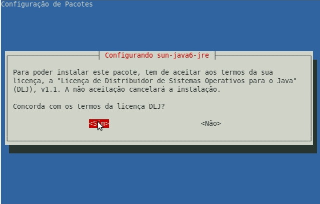 você será questionado a concordar com termos de licença dos softwares envolvidos. Uma das licenças exibidas é a do Java (figura 3.3). Pressione a tecla TAB para acessar o OK. Figura 3.