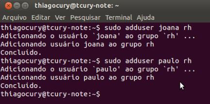 sudo addgroup rh Um grupo serve para agrupar usuários com funções semelhantes no sistema. A Figura 3 mostra a criação de um grupo chamado rh.