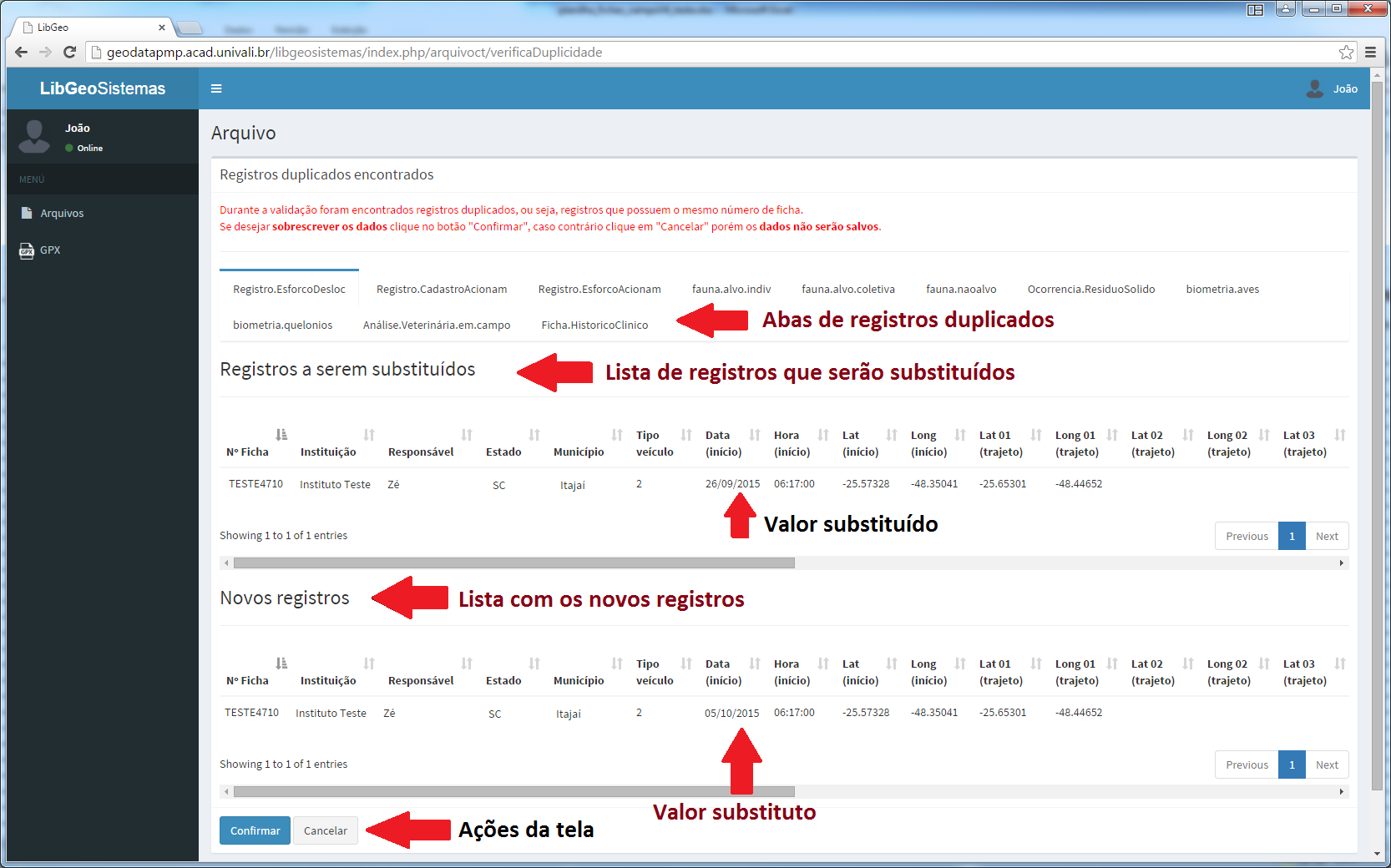 Se o usuário optar por salvar e sobrescrever os dados com duplicidades, os dados enviados anteriormente serão substituídos pelos novos registros.