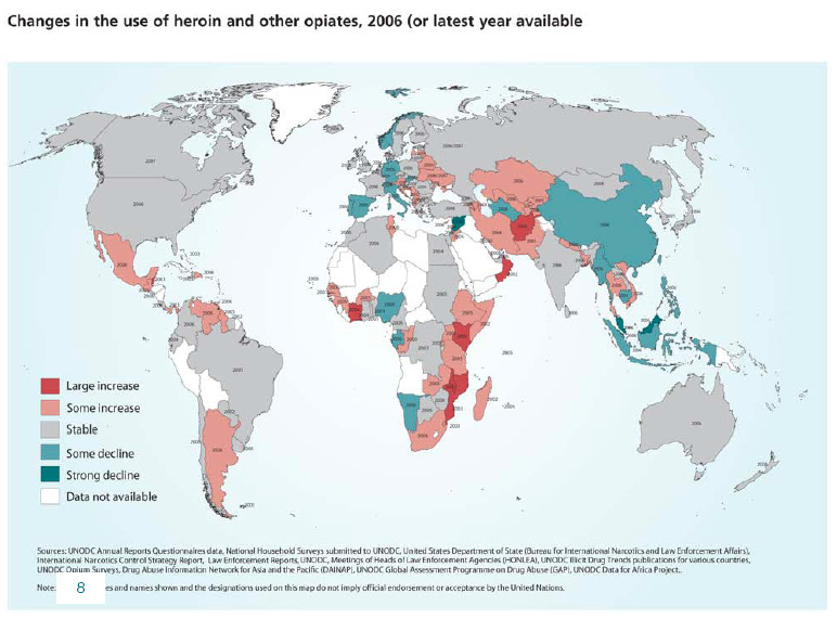Gráfico 10: Mudanças no uso de heroína e outros opiáceos, 2006 (ou último ano disponível)