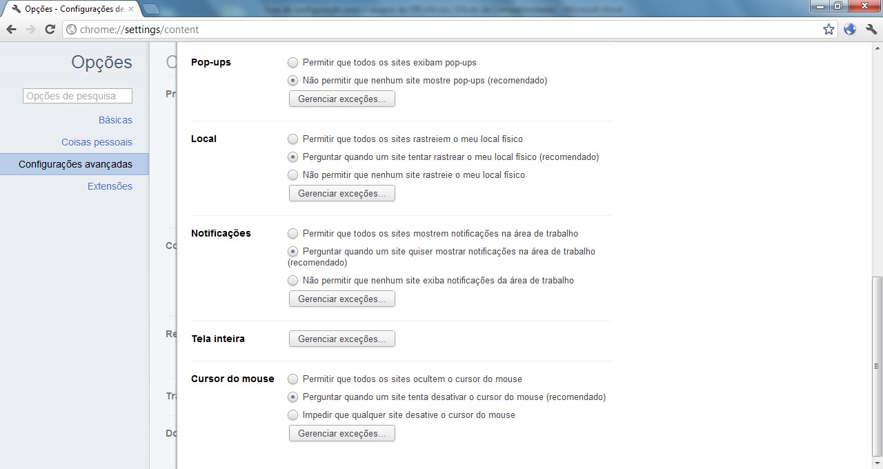 Na opção Privacidade clicar no botão Configurações de conteúdo; 7.