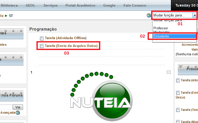 4ª Etapa: - Agora o professor poderá testar a atividade criada (Envio de Arquivo Único), seguindo os procedimentos listados como na imagem abaixo. Imagem 04 Alterando a função para estudante.