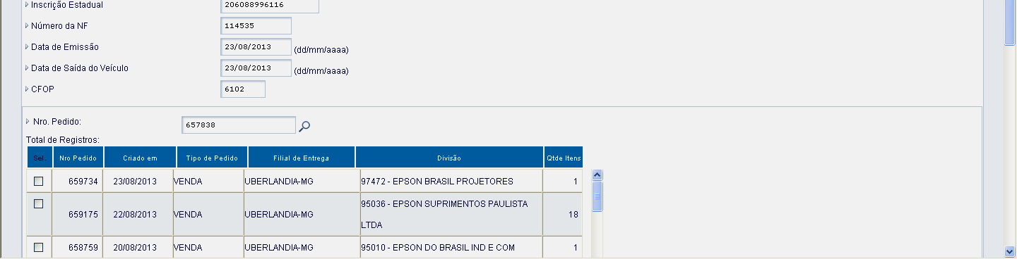 10. Importar Nota Fiscal Conforme procedimento realizado anteriormente, após a visualização das informações da capa da Nota Fiscal e vincular o pedido