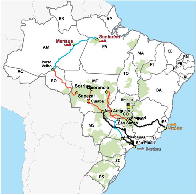 Competitividade Fluxo de Exportações de Grãos Escoamento de Grãos por Porto (Participação %) em 2014 Porto Export. SOJA Export.