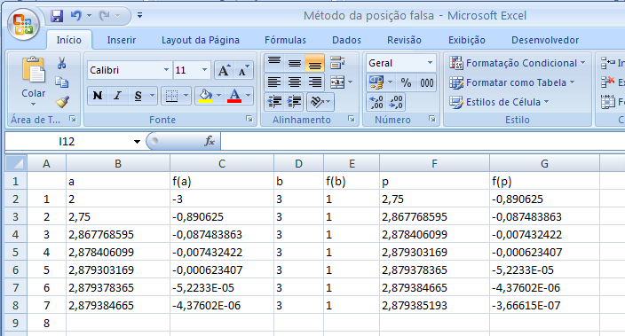 'Passo 6: If FA * FP > 0 Then a = p FA = FP Cells(i + 1, 2) = a Cells(i + 1, 3) = FA Cells(i + 1, 4) = Cells(i, 4) Cells(i + 1, 5) = Cells(i, 5) Else b = p FB = FP Cells(i + 1, 3) = b Cells(i, 3) = b