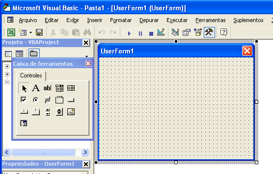 10) Na janela do Microsoft Visual Basic, no menu Inserir, escolha UserForm, conforme indica a figura; 11) A próxima tela encontrada é a mostrada na seguinte figura com indicação dos objetos rótulo,