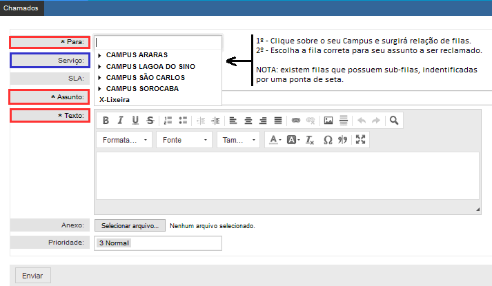 quando do seu primeiro acesso, ou no menu Chamados escolhendo Novo Chamado, conforme circundado na