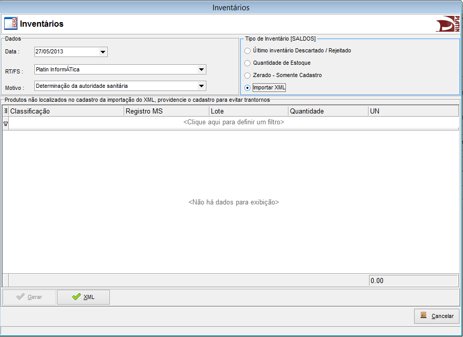 1.3) Cadastre os dados para novo inventário: Obs: Para a importação selecione a opção Importar XML. Para inventários posteriores utilizar a opção Quantidade em Estoque.