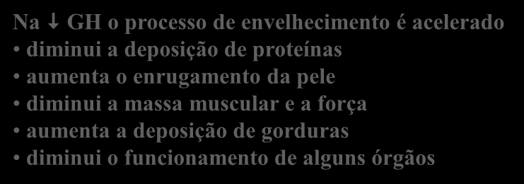 5. GH E O ENVELHECIMENTO Com o envelhecimento os níveis plasmáticos de GH diminuem (1,6 ng/ml) Somatopausa Na GH o processo