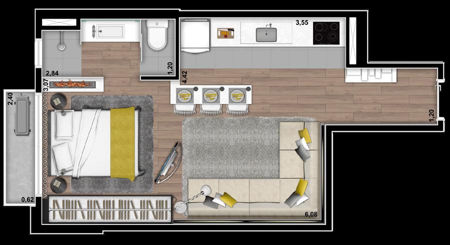 Planta 35m 2 Banheiro com layout diferenciado.