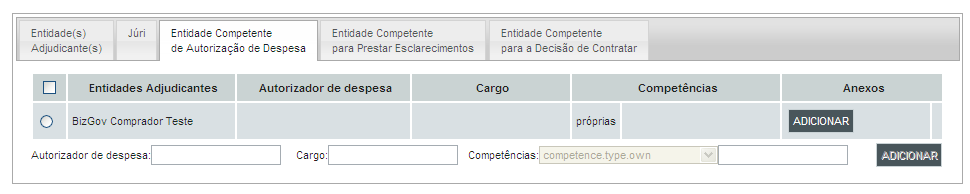 Equipa Entidade Competente de Autorização de Despesa: esta tabela é preenchida automaticamente com a(s) entidade(s) adjudicante(s) definidas previamente.