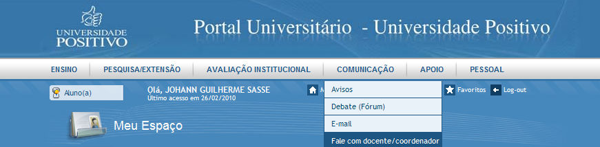 10 FALE COM DOCENTE OU COORDENADOR Acione a ferramenta ao passar o mouse pela guia Comunicação, e depois clique na