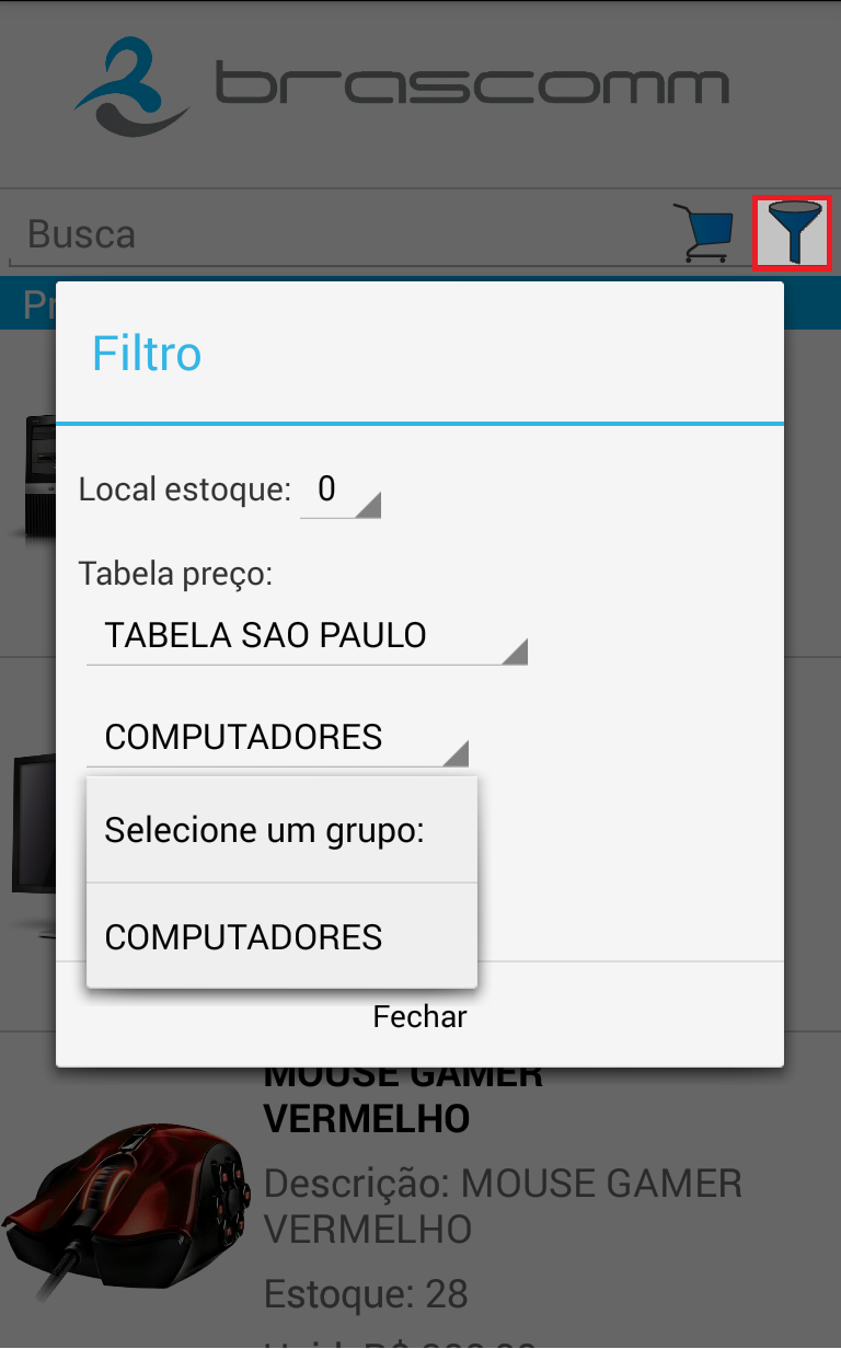 É possivel também realizar filtros dos produtos, por exemplos, escolher qual grupo de produto deseja visualizar na tela, com