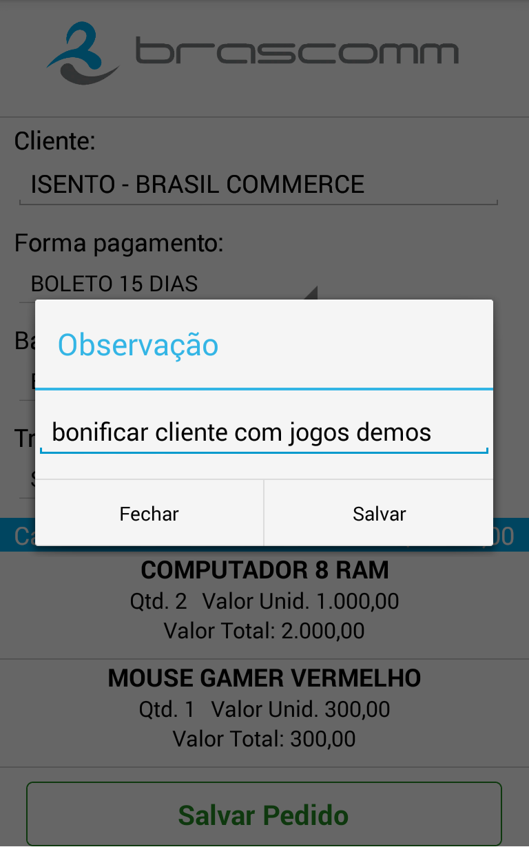 Clicando no Detalhar carrinho, Selecione o cliente, escolha a condição de pagamento e a transportadora. Para então, poder salvar o pedido.