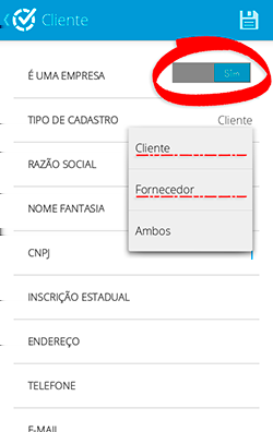 Clientes e Fornecedores No cadastro de clientes e fornecedores primeiramente é necessário informar se trata-se de um cliente Pessoa Física ou Jurídica, se for PJ basta informa "SIM" na pergunta "É