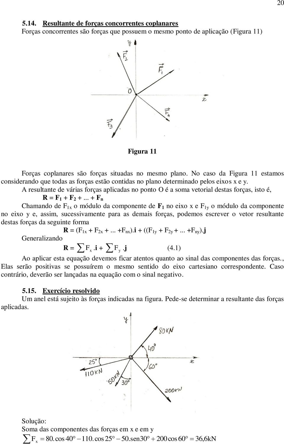 A resultante de várias forças aplicadas no ponto O é a soma vetorial destas forças, isto é, R = F 1 + F +.