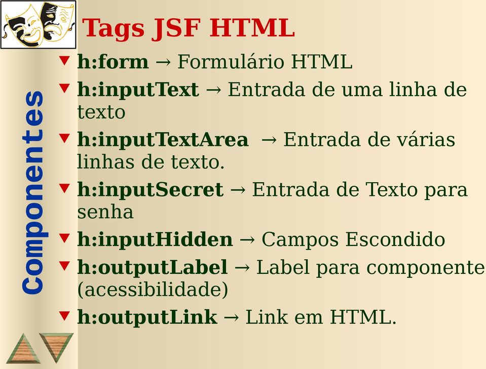 h:inputsecret Entrada de Texto para senha h:inputhidden Campos